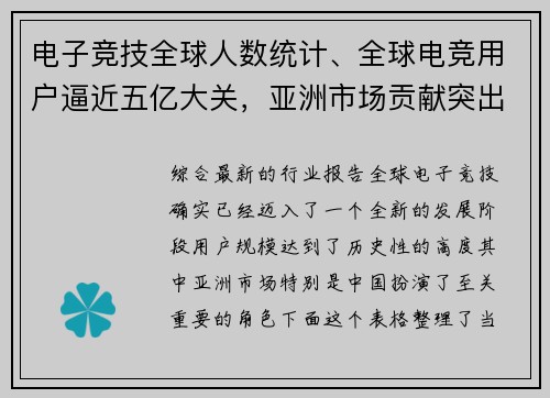 电子竞技全球人数统计、全球电竞用户逼近五亿大关，亚洲市场贡献突出